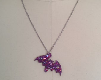 Handmade Glitter Resin Bat Necklace: Spooky Halloween Jewelry