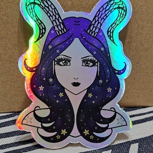 Capricorn Astrology Vinyl Sticker, Holographic Zodiac sticker, Cute Kawaii Waterproof Sticker, Anime Laptop decal, Water Bottle Sticker