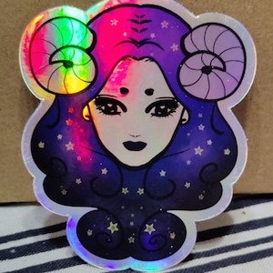 Aries Astrology Vinyl Sticker, Holographic Zodiac sticker, Cute Kawaii Waterproof Sticker, Anime Laptop decal, Water Bottle Sticker