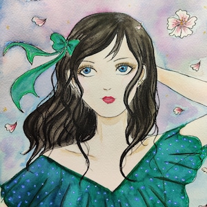 Original Anime Girl Watercolor Painting: Cherry Blossom Art (9x12 Unframed)