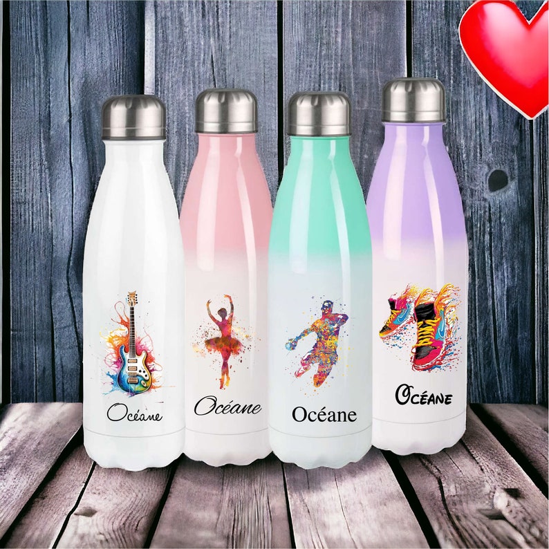Personalized insulated bottle, personalized water bottle, personalized bottle, personalized children's water bottle, Sport and music image 1