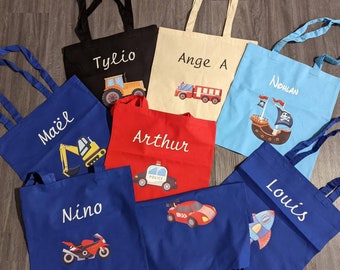 Tote bag personnalisé, tote bag enfant, sac école , sac enfant , tote bag coton , sac bandoulière, sac pratique, collection véhicule