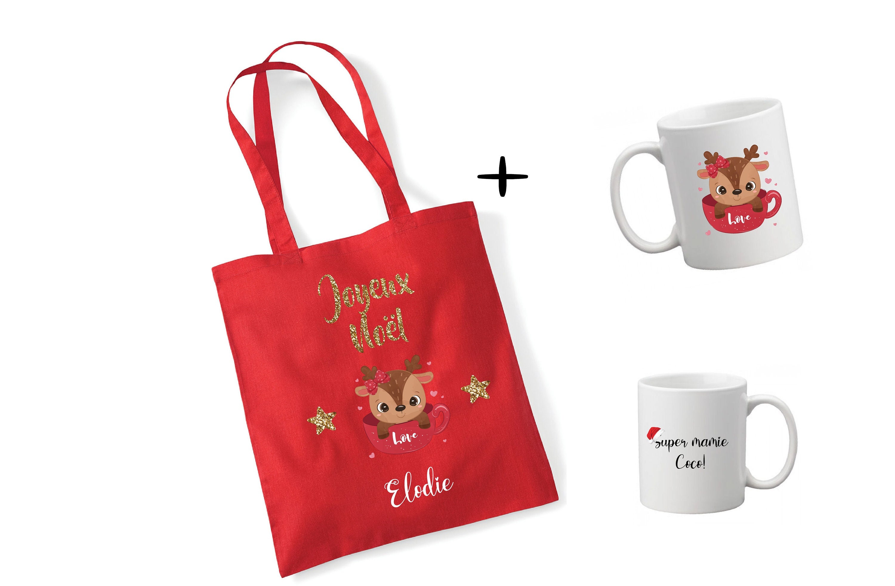 Cadeau de Noël , Pack Cadeaux Personnalisés, Totebag Gourde Personnalisé Totebag+Mug