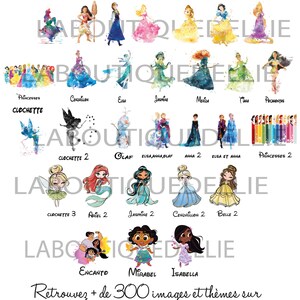 May include: Watercolour illustrations of various Disney princesses, including Ariel, Moana, Belle, and Cinderella. The illustrations are in a whimsical style with a watercolour effect. The text "COLLECTION PRINCESSE WATERCOLOR" is at the top of the image. The text "Retrouvez + de 300 images et th&egrave;mes sur www.laboutiquedellie.com" is at the bottom of the image.