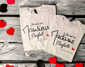 t-shirt couple , idée cadeau couple , cadeaux EVJF , cadeau mariage , t-shirt personnalisé, t-shirt duo, MR MME Parfait