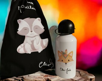 Pack goûter enfant , sac + gourde, sac à goûter personnalisé , gourde enfant personnalisé ,sac à goûter, gourde isotherme enfant