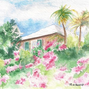 Bermuda, Watercolor, Landscape, Print, Floral, Palm Tree, Cottage, Tropical
