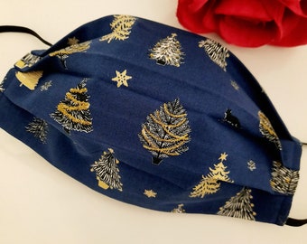 Masque facial tissu japonais motif sapin noël fond bleu et doré, tissu japonais 100% coton. Sapin, hiver