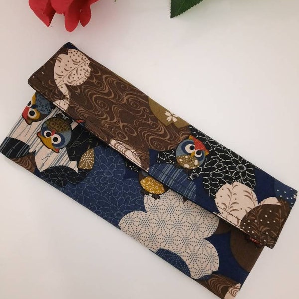 Pochette tissu japonais motif hibou (rangement masques ou usage portefeuille)