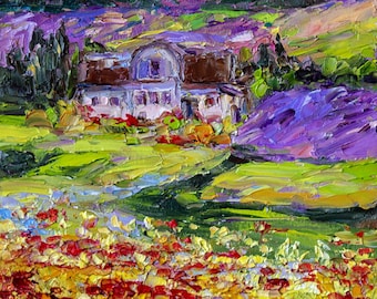 Peinture originale ukrainienne de paysage rural, peinture de champ de fleurs, art original, peinture de prairie
