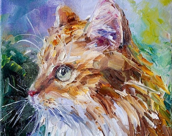 オレンジ色のぶち猫の油絵：ブロンドのかつらの反射、キャンバスに張