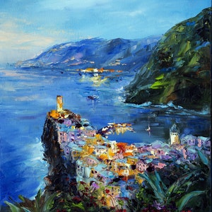 Evening Vernazza oil paintings on canvas, Original art, Cinque terre painting, Italy impasto painting, Gift for him