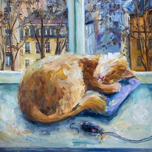 Sleeping ginger cat paintings on canvas Original art, Animal Wall Art, Impressionist painting, Gift for Cat Lovers