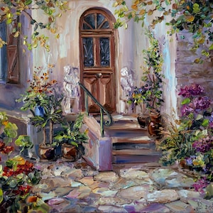 French garden paintings on canvas Original art, Provence Old Village painting, Impressionist Painting, Gift for her