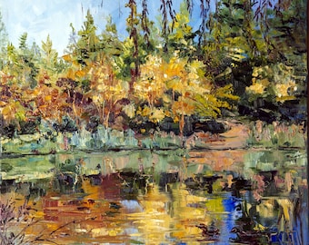 秋の油絵 湖の絵 現代アート 印象派 風景画 木の絵 - Etsy 日本