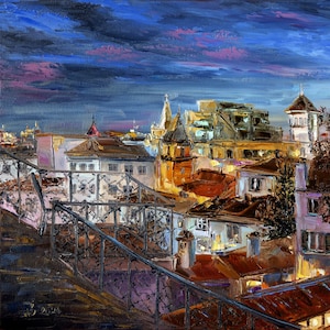 Night Funchal painting oil, Night city paintings on canvas, Madeira Original Art, Impressionist painting, Gift for him