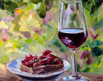 Red wine glass painting Original art, Drink Impasto oil painting, bruschetta Small painting 8x8", Kitchen wall decor, Gift for her