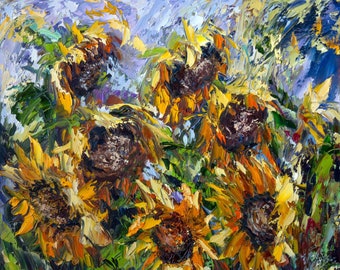 Impasto flower painting, Sunflowers paintings on canvas, Original art, Van Gogh style, Impressionist painting, Gift for her