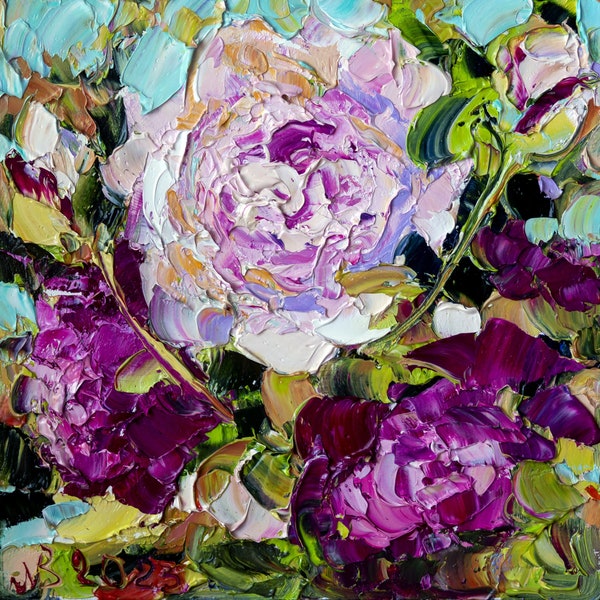 Peonies painting, Impasto oil painting, Original art, Textured flower painting, small painting 8x8 by Bondareva Nataliia