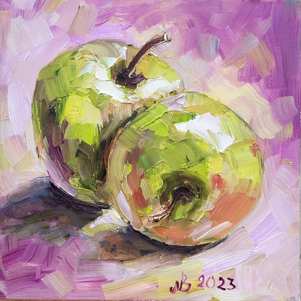 Pommes vertes Peinture Art original, Peinture à l’huile Fruits Impasto, Petite peinture 8x8, Peinture à l’huile de fruits de cuisine, Cadeau pour lui