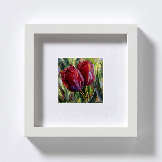 赤いチューリップの油絵：小さな印象派の花の芸術（8x8） - Etsy 日本