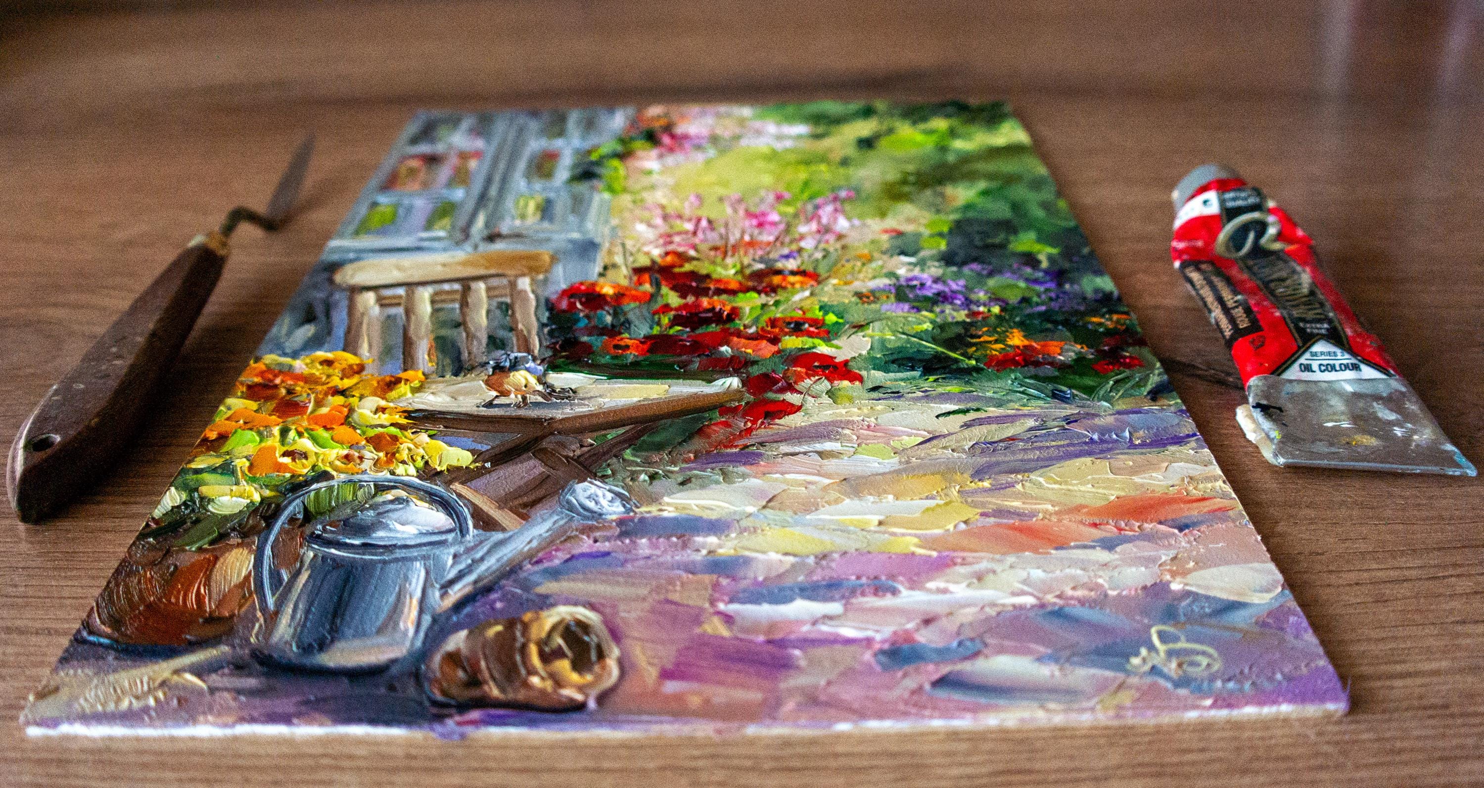 夏の花咲く庭の油絵オリジナルアート。BoNatArtによるテクスチャ加工