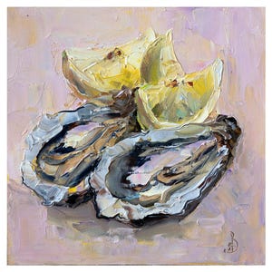 Oysters with Lemon oil painting Original art, Seafood painting, Impasto painting food, Kitchen wall decor
