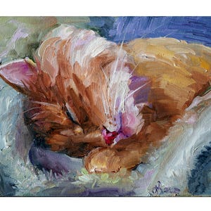 Peinture de chat roux endormi, oeuvre d'art originale, art de chat tigré orange, cadeau pour décoration de chambre d'enfant, cadeau pour les amateurs de chats