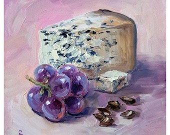 Dor Blue cheese, grapes, and nuts painting Original impasto food artwork by Natalia Bondareva.