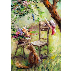 Fleurs et chat roux, peinture originale, empâtement, peinture rurale, oeuvre d'art par BoNatArt