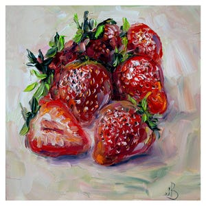 Peinture aux fraises, oeuvre d'art originale, peinture de petits fruits rouges, petite peinture de cuisine, cadeau pour elle