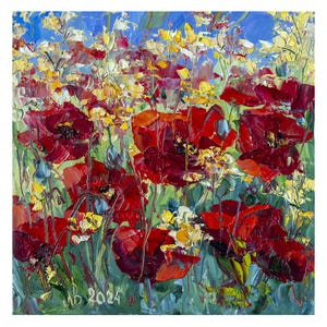 Klaprozen schilderij originele kunst, Impasto bloem schilderij, klaprozen kleine muur kunst 8 x 8, kunst aan de muur bloem, cadeau voor haar