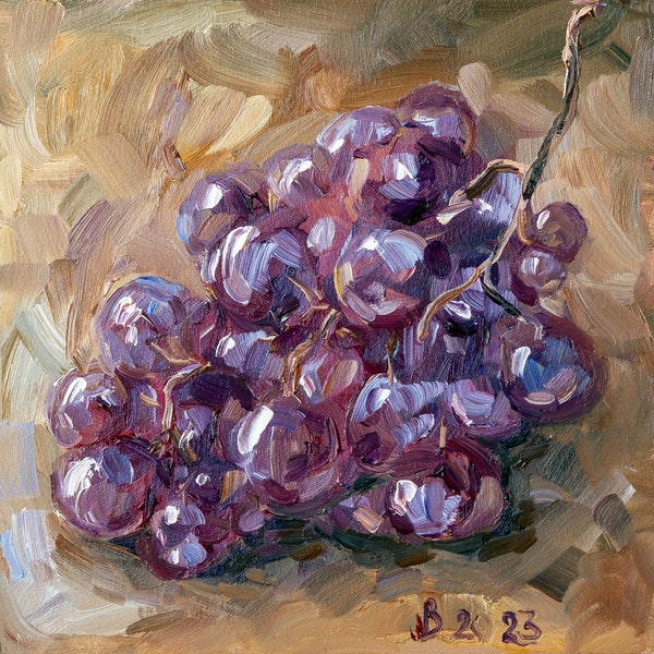 Peinture à l'huile de raisin, Fruits Art original, petite peinture 8x8", Peinture d'empâtement par Bondareva Nataliia, Cadeau pour lui