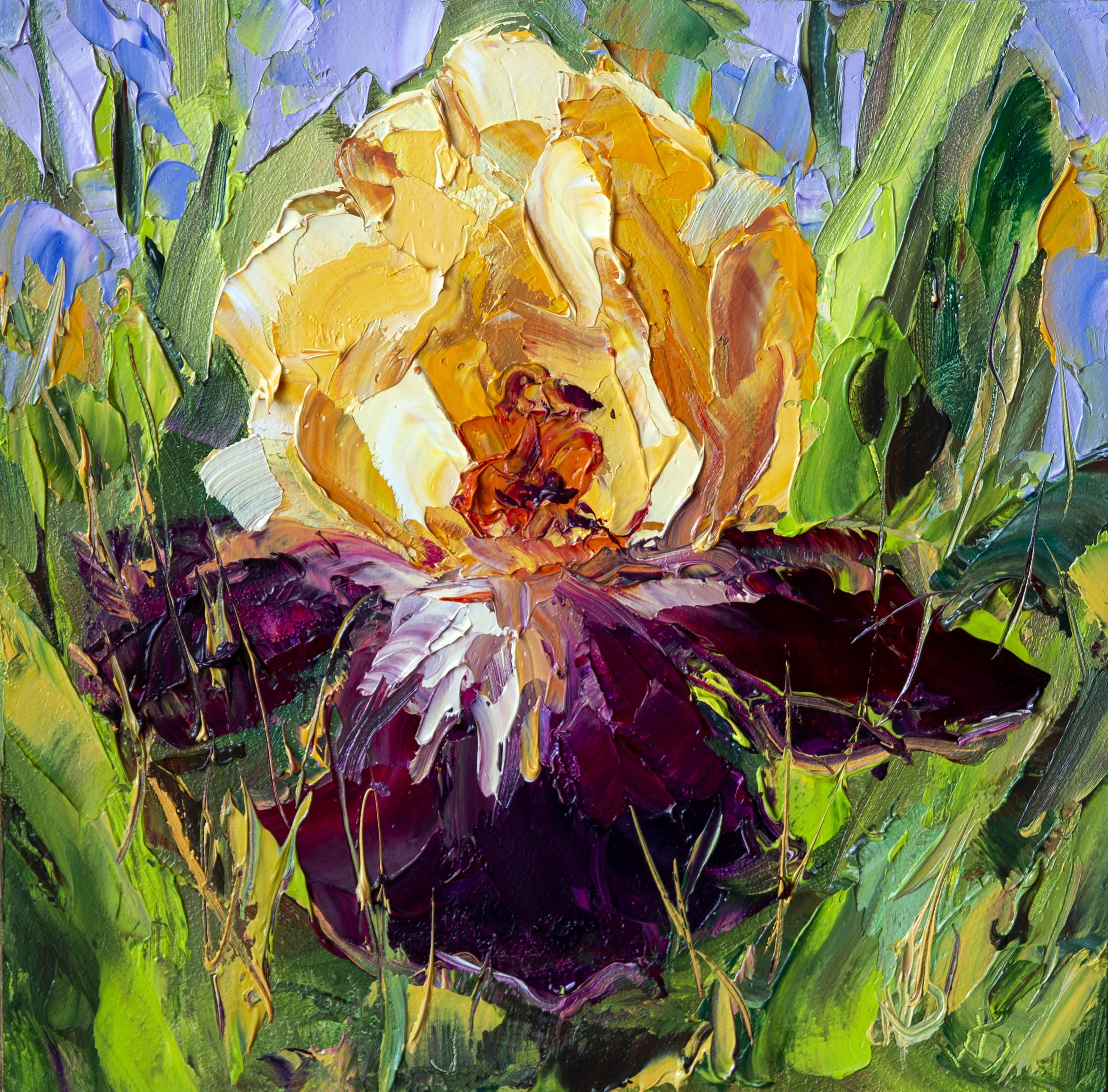 インド_看板アート_トタン_手描き_ライオン_ハスの花 アイリス・ペインティング 花柄、オリジナル、インパスト、小型絵画