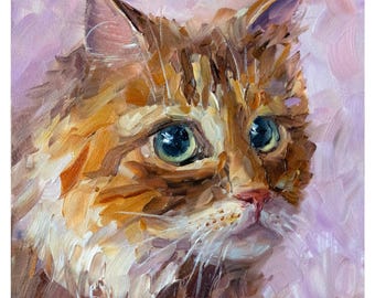 オレンジ色のぶち猫の油絵：ブロンドのかつらの反射、キャンバスに張