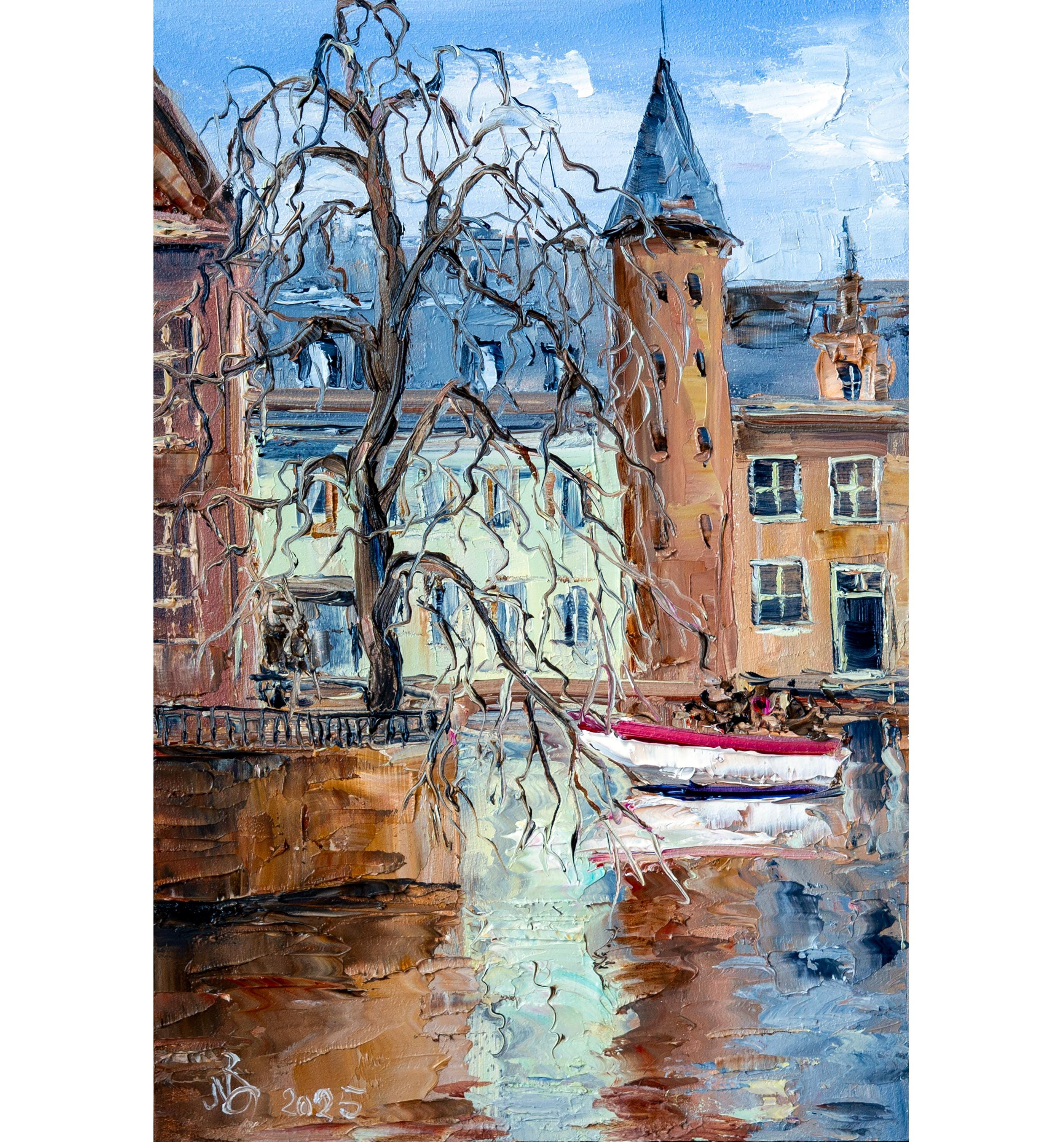 ブルージュの街並みの油絵、印象派の絵画、小さなテクスチャの絵画