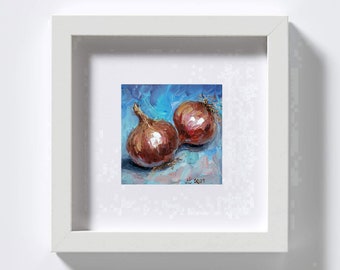 オリジナル玉ねぎ油絵：小さなキッチン静物画（8x8インチ