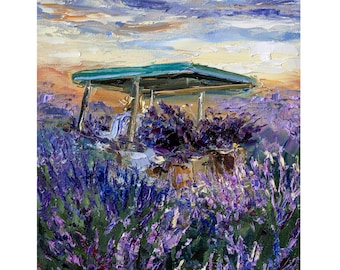 May include: A painting of a lavender field with a green covered wagon in the middle of the field. The wagon is surrounded by purple lavender flowers and the sky is a light blue with white clouds.