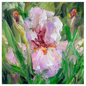 Iris painting Original art, Floral wall art , Small painting impasto 8x8&quot;, Textured Palette Knife, gift for her