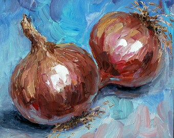 オリジナル玉ねぎ油絵：小さなキッチン静物画（8x8インチ