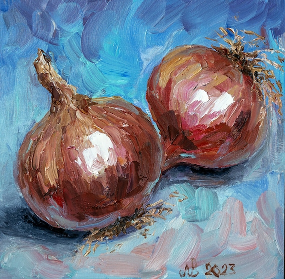 オリジナル玉ねぎ油絵：小さなキッチン静物画（8x8インチ