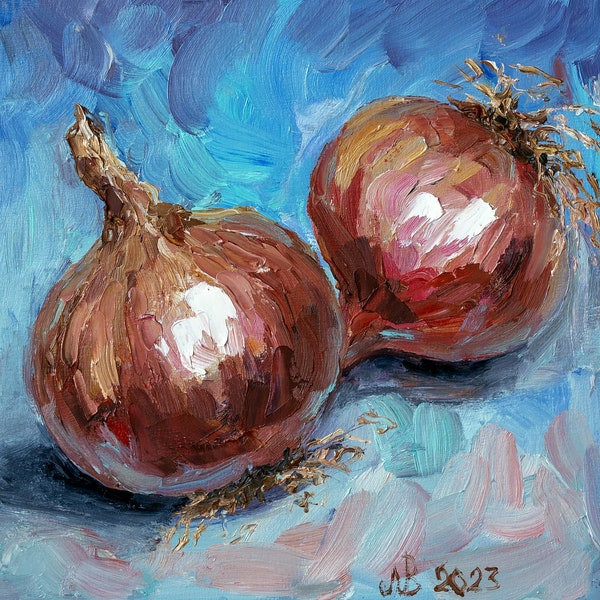 Onions Painting Original art, Vegetable oil painting, Small Kitchen Wall Art, Artwork by Bondareva Nataliia