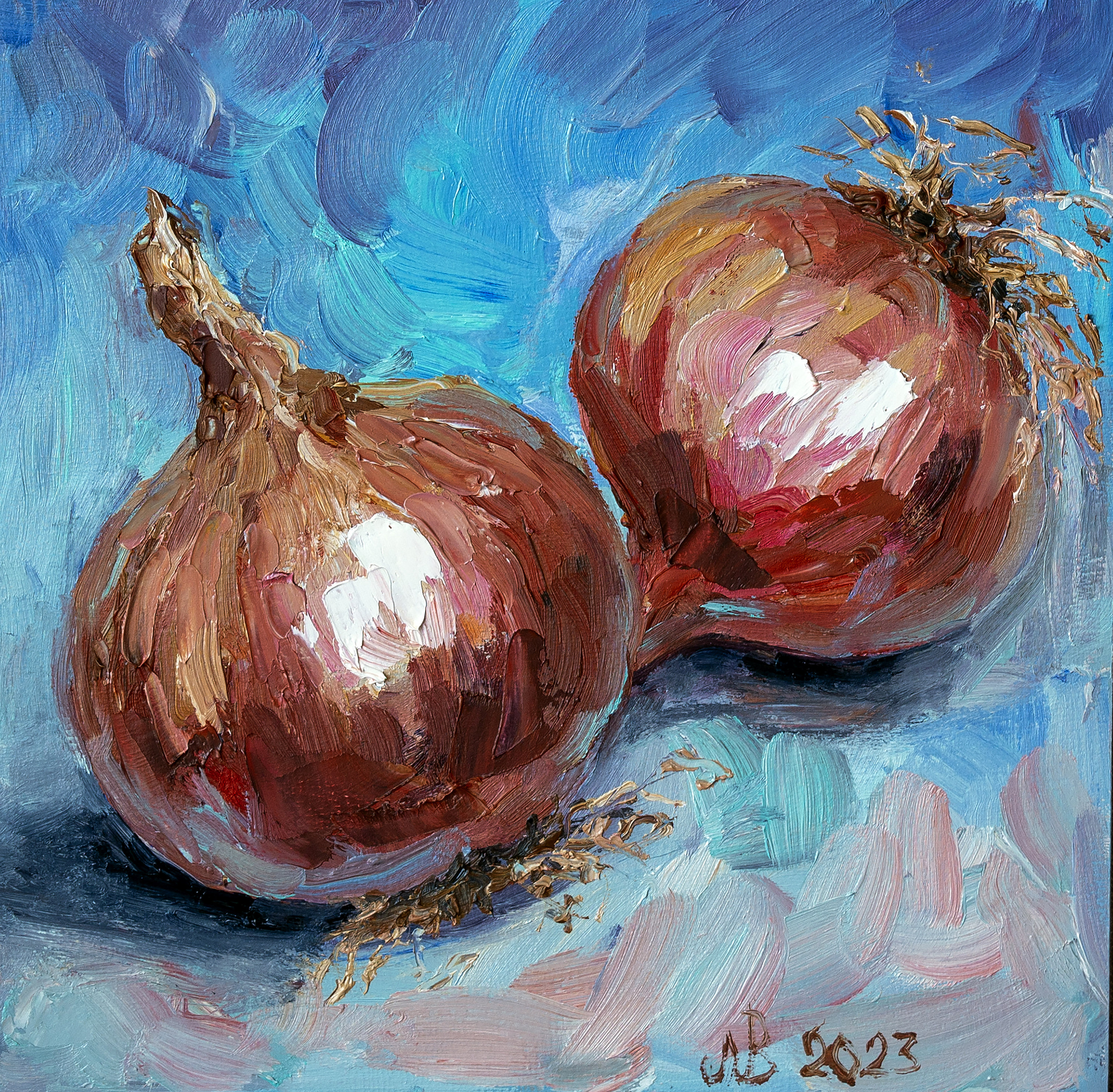 オリジナル玉ねぎ油絵：小さなキッチン静物画（8x8インチ