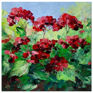 Geranium Painting Floral Original Art Impasto Oil Painting Small Impressionist Artwork 8x8in