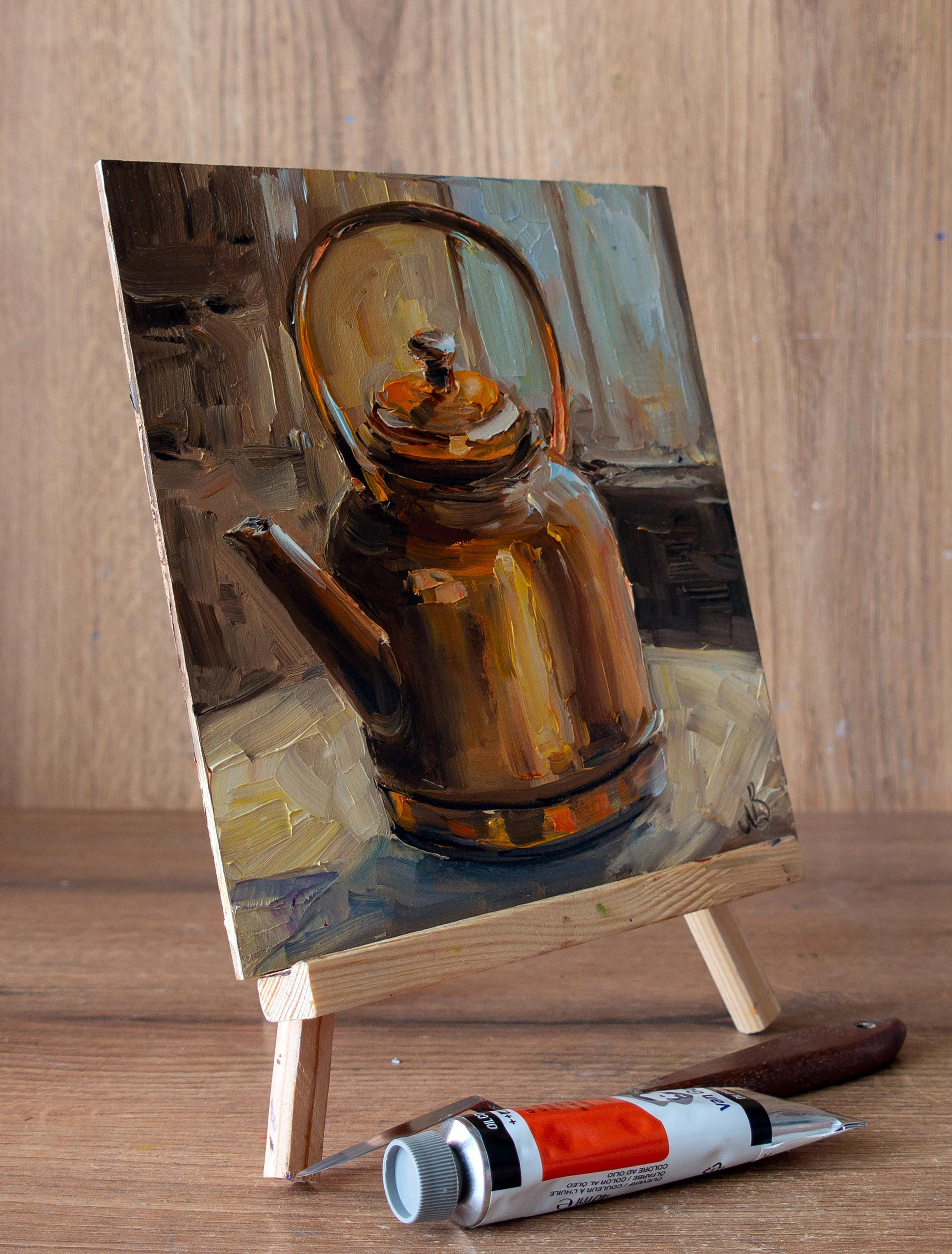 銅製ティーポット油絵オリジナルキッチンウォールアート（8x8） - Etsy