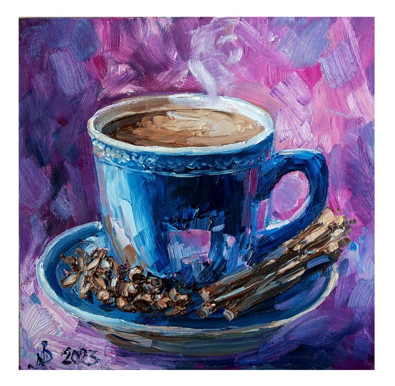 Blue Cup Coffee Painting Original Art, 8x8 Small Painting