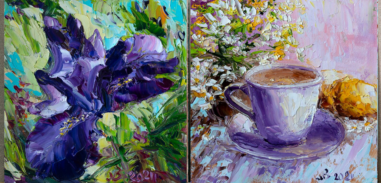 Iris Painting Original Art Purple Blue Floral Wall Art Etsy