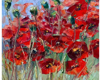 Poppies in Impasto Style Oil Painting, Original 8x8" Small Wall Art by BoNatArt