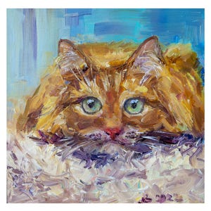 Portrait de chat roux avec des lunettes à peindre, oeuvre d'art originale, art de chat tigré orange, cadeau pour décoration de chambre d'enfant, cadeau pour les amateurs de chats