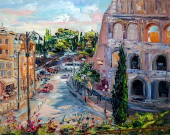 Roma Colosseo Dipinto originale a olio su tela, Italia, opera d'arte in impasto di BoNatArt